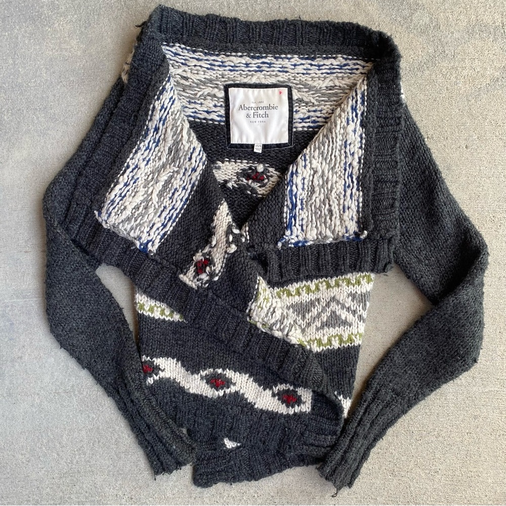 Abercrombie & Fitch Wool Blend Aztec Print Gray Open Front Cardigan Size XS/S